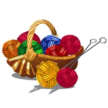 A set of tangles of multicolored yarn in a wicker basket isolated on white Stock Illustration
