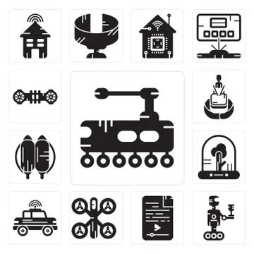Set of Tank, Robot, Audio file, Drone, Car, Tree, Jetpack, Hologram, Hoverboa Illustrazione stock gratuita