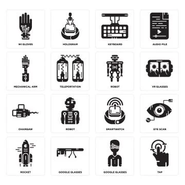 Set of Tap, Google glasses, Rocket, Smartwatch, Chainsaw, Robot, Mechanical a Illustrazione stock gratuita