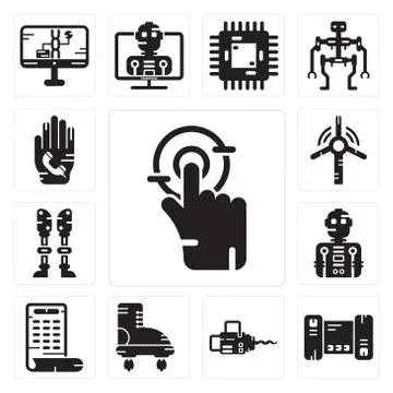 Set of Tap, Smartphone, Chainsaw, Boots, Robot, Prosthesis, Windmill, Phone c Free Stock Illustration