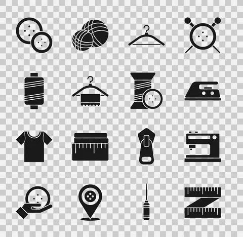 Set Tape measure, Sewing machine, Electric iron, Hanger wardrobe, thread, button Stock Illustration
