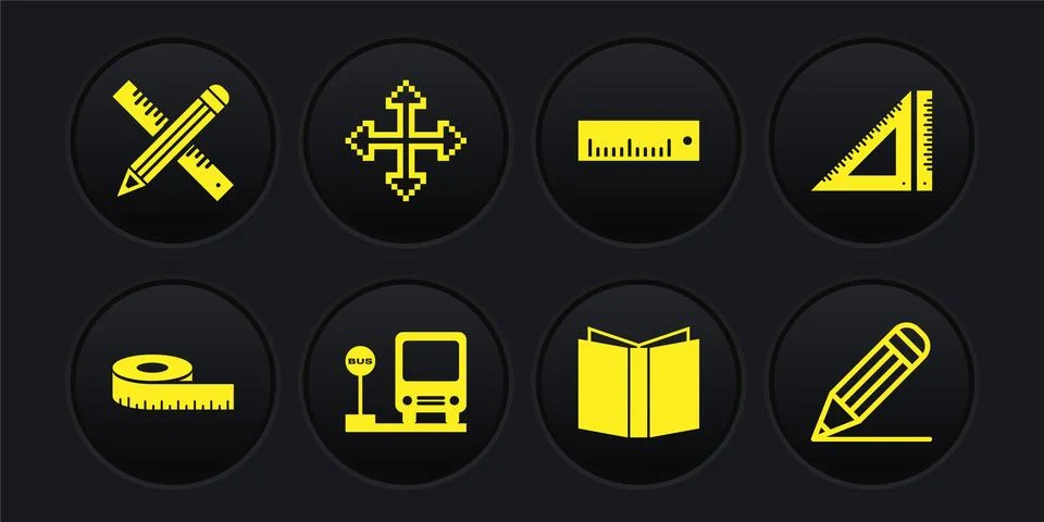 Set Tape measure, Triangular ruler, Bus stop, Open book, Ruler, Pixel arrows in Illustrazione stock