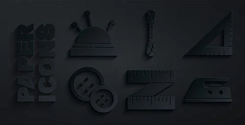 Set Tape measure, Triangular ruler, Sewing button, Electric iron, Yarn and Illustrazione stock