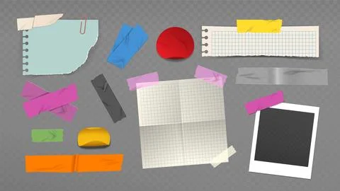 Set of tapes and stickers. Pack of torn papers and notepad lists. Office Stock Illustration