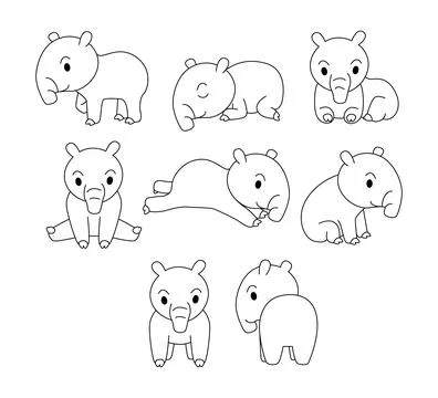 Set of tapir doodle collection, tapir outline coloring page book animals fo.. Stock Illustration