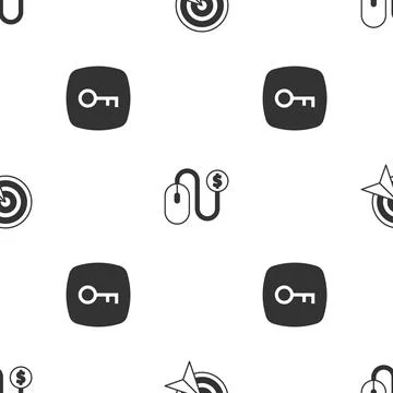 Set Target, Advertising and Key on seamless pattern. Vector Stock Illustration