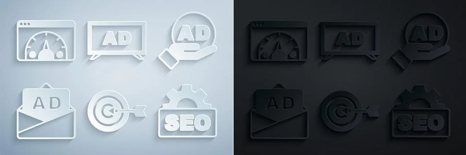 Set Target, Advertising, SEO optimization, and Website statistic icon. Vector Illustrazione stock
