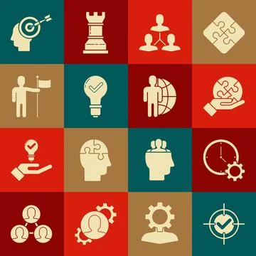 Set Target and check mark, Time Management, Piece of puzzle in hand, Projec.. Illustrazione stock