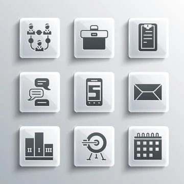 Set Target with arrow, Calendar, Envelope, Chat messages on phone, Award over Ilustración de archivo