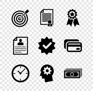 Set Target with arrow, Certificate template, Medal star, Clock, Human head .. Illustrazione stock