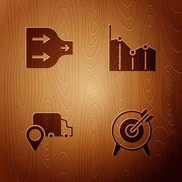 Set Target, Arrow, Delivery tracking and Pie chart infographic on wooden ba.. Illustrazione stock