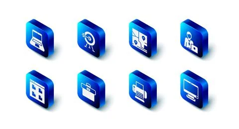 Set Target with arrow, Folded map location, Businessman, Computer monitor, Pr Illustrazione stock