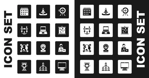 Set Target with arrow, Laptop, Project team base, Calendar, Planning strategy Illustrazione stock