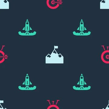 Set Target with arrow, Mountains flag and Rocket on seamless pattern. Vector Stock Illustration