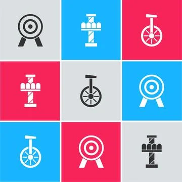 Set Target, Attraction carousel and Unicycle or one wheel bicycle icon. Vecto Stock-Illustration