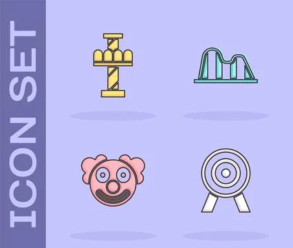 Set Target, Attraction carousel, Clown head and Roller coaster icon. Vector Stock Illustration