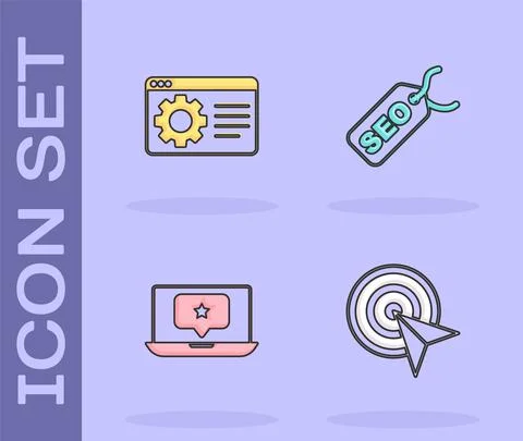 Set Target, Browser setting, Laptop with star and SEO optimization icon. Vector Illustrazione stock