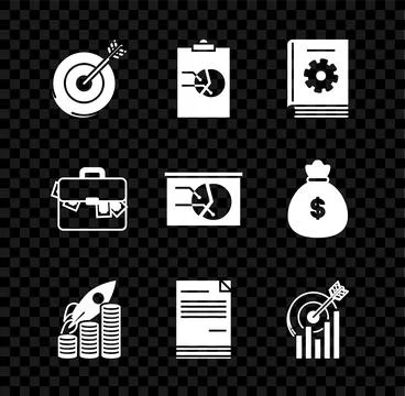 Set Target, Clipboard with graph chart, User manual, Rocket flying up on coins Illustrazione stock