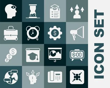 Set Target, Digital alarm clock, Megaphone, Online education, Alarm, Briefcase Stock-Illustration