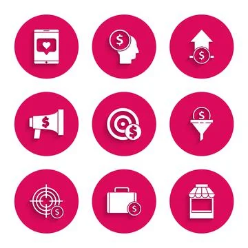 Set Target with dollar symbol, Briefcase and money, Shopping building or market Ilustración de archivo
