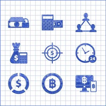 Set Target with dollar symbol, Cryptocurrency coin Bitcoin, Computer monitor イラスト素材