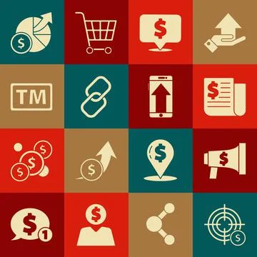 Set Target with dollar symbol, Megaphone and, Financial news, Speech bubble Stock Illustration