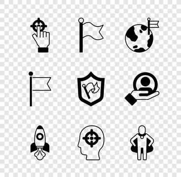 Set Target, Flag, Planet with flag, Rocket ship, Head hunting,  and Shield .. Stock Illustration