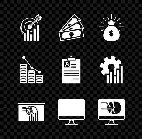 Set Target with graph chart, Stacks paper money cash, Money bag, Board, Computer Illustrazione stock