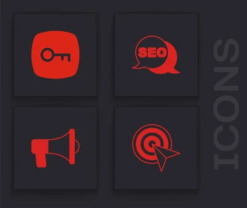 Set Target, Key, SEO optimization and Megaphone icon. Vector Stock Illustration