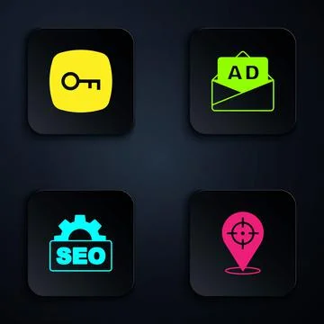 Set Target, Key, SEO optimization and Advertising. Black square button. Vector Illustrazione stock