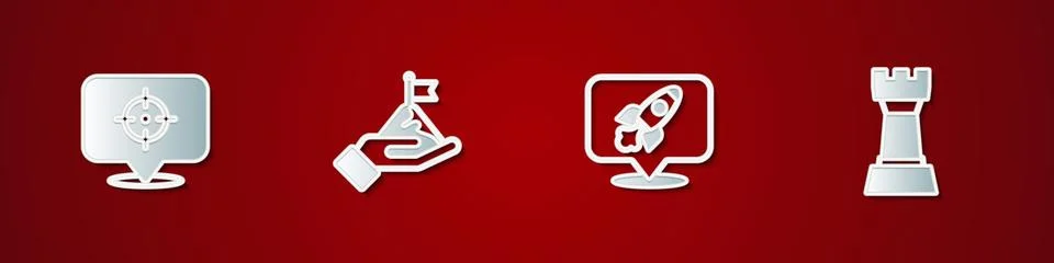 Set Target, Mountains with flag, Rocket ship and Chess icon. Vector Stock Illustration