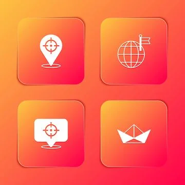 Set Target, Planet with flag,  and Folded paper boat icon. Vector Stock Illustration