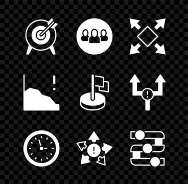 Set Target, Project team base, Many ways directional arrow, Clock, Graph, c.. Stock Illustration