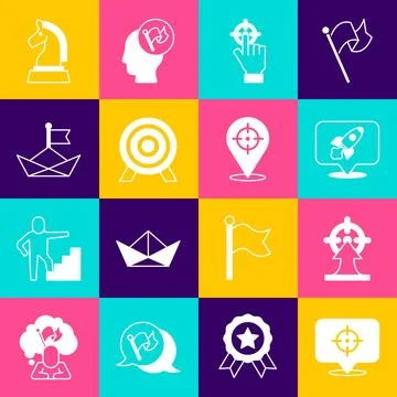 Set Target, Rocket ship, Folded paper boat, Chess and  icon. Vector Stock Illustration