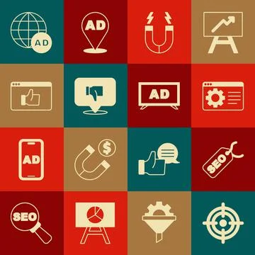 Set Target, SEO optimization, Browser setting, Magnet, Dislike speech bubble Stock Illustration