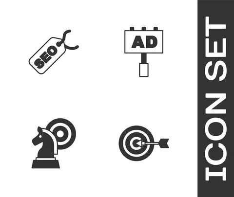 Set Target, SEO optimization, Chess and Advertising icon. Vector Stock Illustration