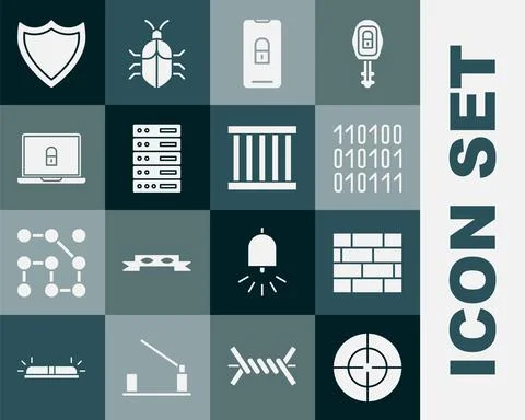 Set Target sport, Bricks, Binary code, Mobile with closed padlock, Server, Data Illustrazione stock