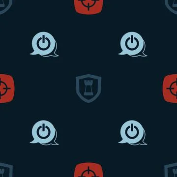 Set Target sport, Chess shield and Power button on seamless pattern. Vector Stock Illustration