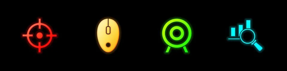 Set Target sport, Computer mouse, and Magnifying glass and analysis icon. Vector Illustrazione stock