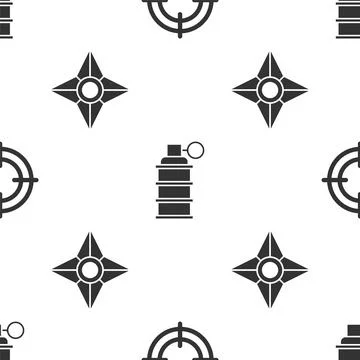 Set Target sport, Hand grenade and Japanese ninja shuriken on seamless pattern Illustrazione stock