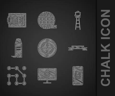 Set Target sport, Lock on computer monitor, Mobile with closed padlock, Thief Illustrazione stock