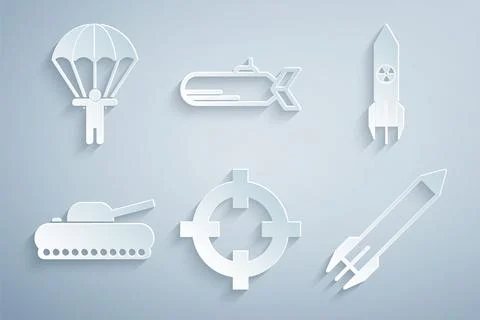 Set Target sport, Nuclear rocket, Military tank, Rocket, Submarine and Parach Stock Illustration