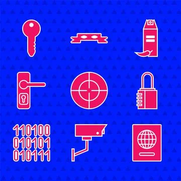 Set Target sport, Security camera, Passport, Safe combination lock, Binary code Stock Illustration
