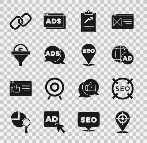 Set Target sport, SEO optimization, Advertising, Clipboard with graph chart Illustrazione stock