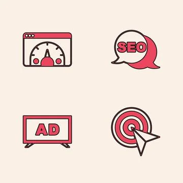 Set Target, Website statistic, SEO optimization and Advertising icon. Vector 스톡 일러스트