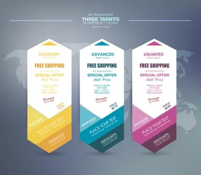 Set tariffs. set of vertical tariffs for your product, flat interface Stock Illustration