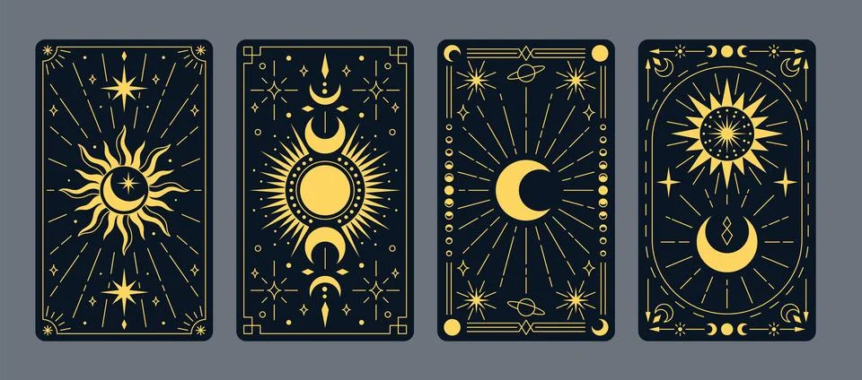 Set of tarot cards with celestial elements: moon, sun, stars, planets on a dark Ilustração Stock