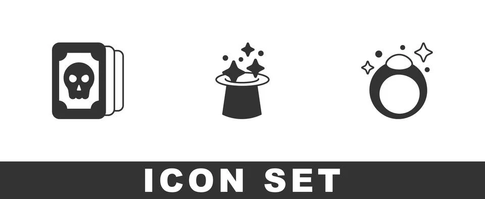 Set Tarot cards, Magic hat and stone ring icon. Vector Stock Illustration
