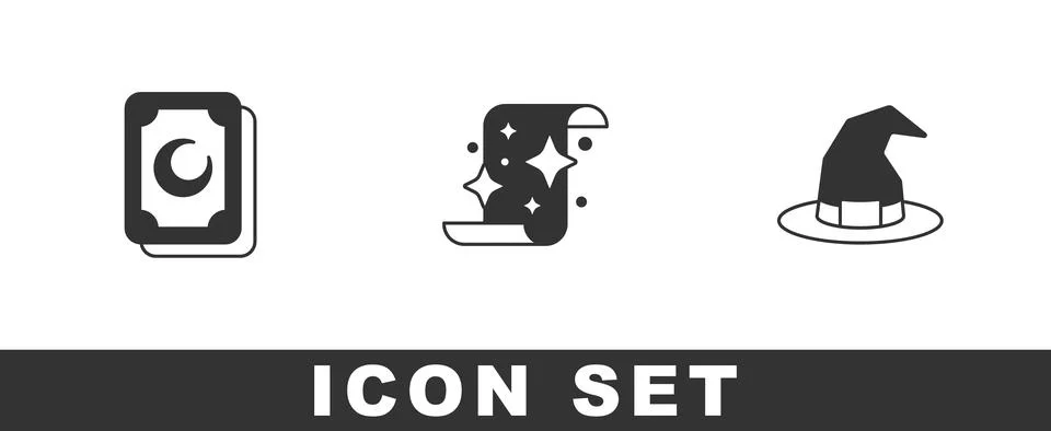 Set Tarot cards, Magic scroll and Witch hat icon. Vector Illustrazione stock
