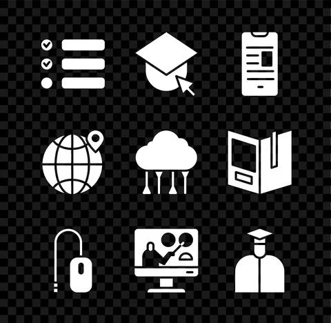 Set Task list, Graduation cap on globe, Online book mobile, Computer mouse Stock Illustration